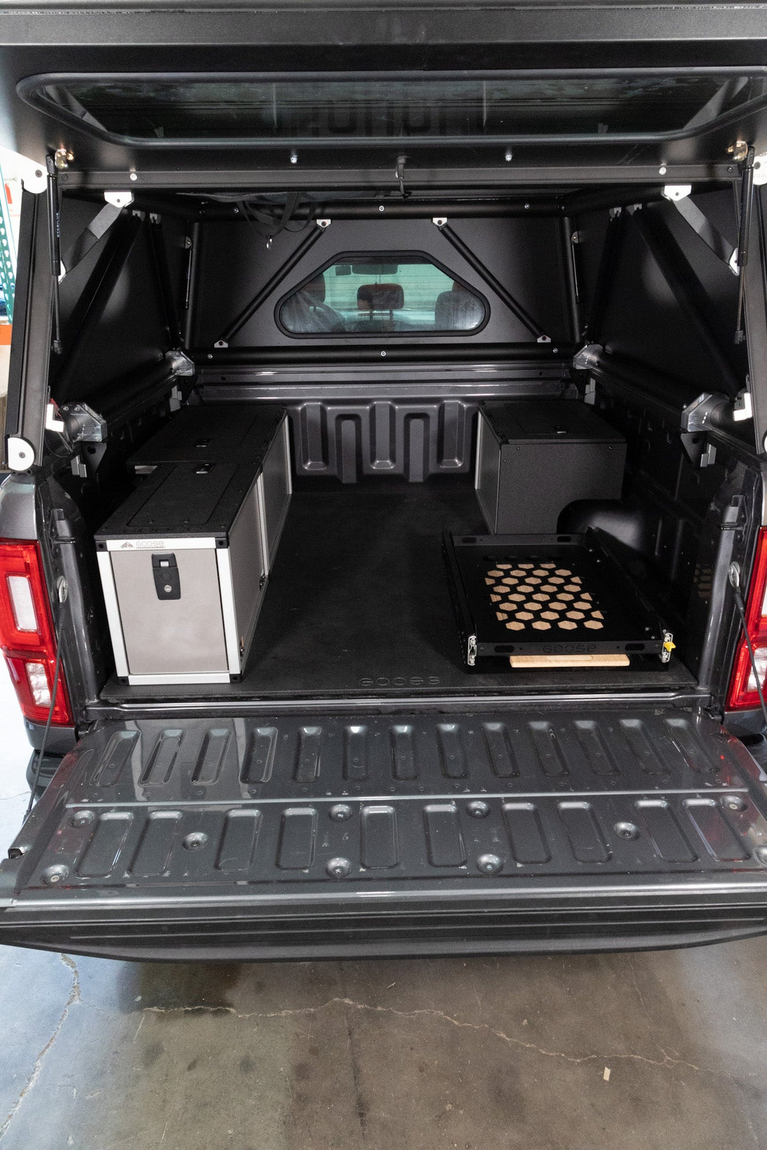 Goose Gear Camper System - Go Fast Camper - Midsize Truck - Passenger Side Package with Solo Fridge Slide - 5Ft. Bed